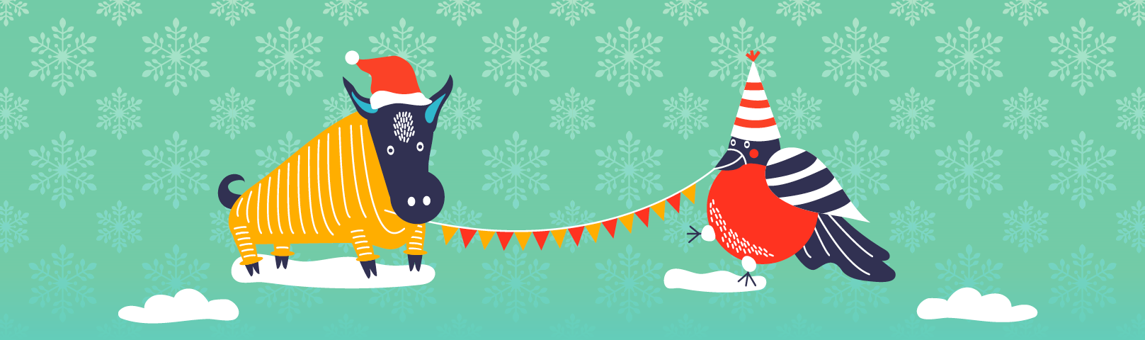 Illustration of a red-chested bird & a sweater-wearing bull holding a flag banner between them while standing in the snow