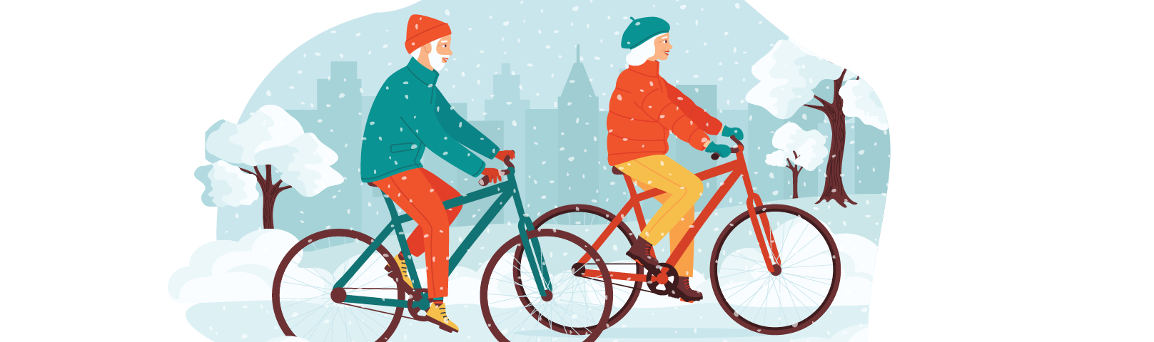 Illustration of two cyclists bundled up and riding their bikes on a snowy day