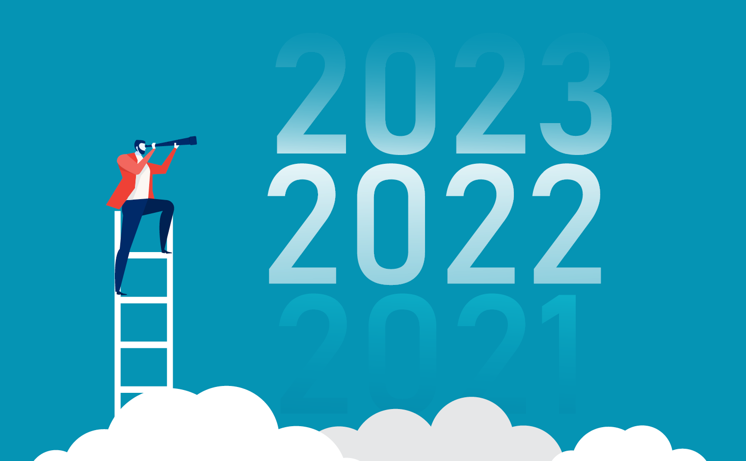an illustration of a person standing atop a ladder with a telescope in the clouds