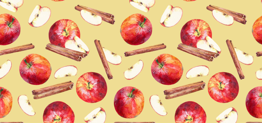 A repeating pattern of red apples, cinnamon sticks, and apple slices on a light yellow background.