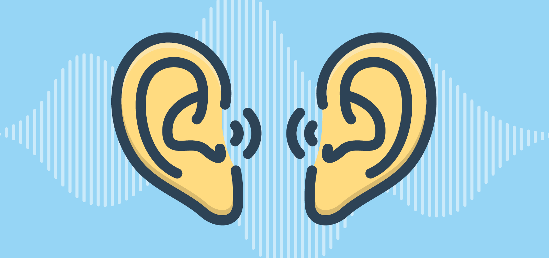 Illustration of two ears facing each other with sound waves between them, representing hearing with both ears
