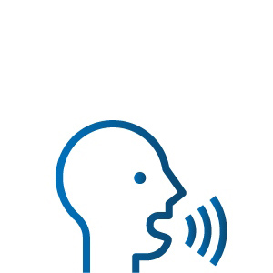 Graphic of a simplified human head in profile, with sound waves indicating speech emanating from the mouth.